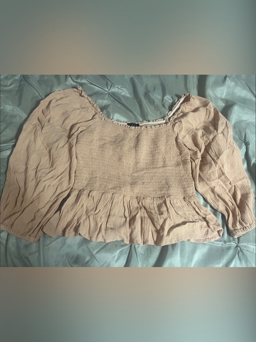 American Eagle Outfitters Beige Smocked Off-Shoulder Blouse